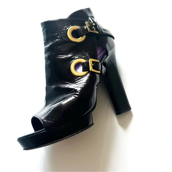 Sergio Rossi Crinkle Patent Leather Open-toe Booties Golden Statement Buckles 38 - Picture 3 of 14